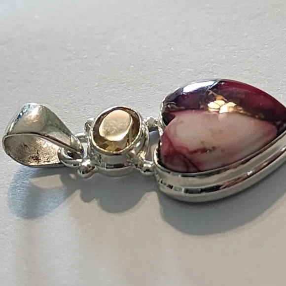 Sterling Silver Heart Pendant with Red and Pink Mookaite Jasper Yellow Citrine - Picture 3 of 5